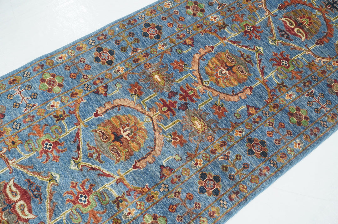 9 ft Blue Waziri Oriental Afghan Hand knotted Runner Rug - Yildiz Rugs