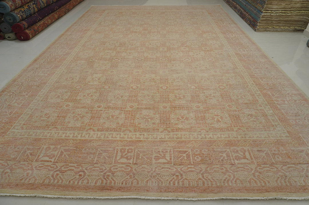 12x18 Beige Peach Khotan Vintage Afghan Hand knotted Oriental Rug - Yildiz Rugs