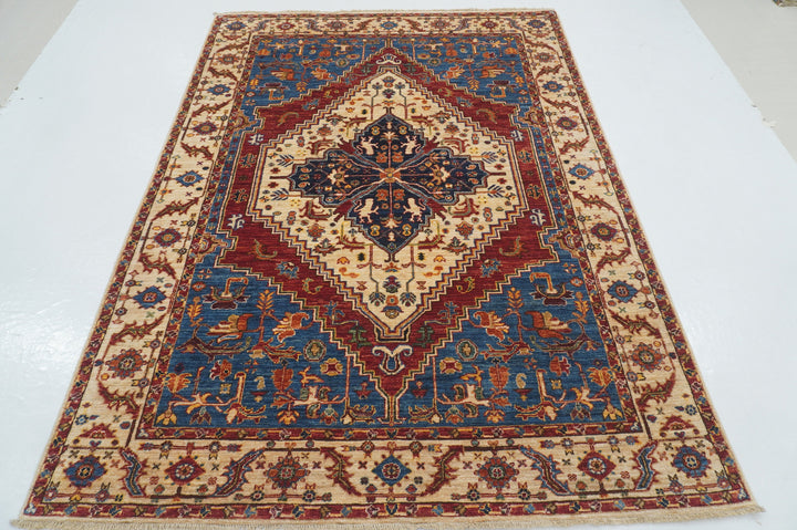 6x8 Beige Blue Serapi Afghan Hand knotted Medallion Oriental Rug - Yildiz Rugs