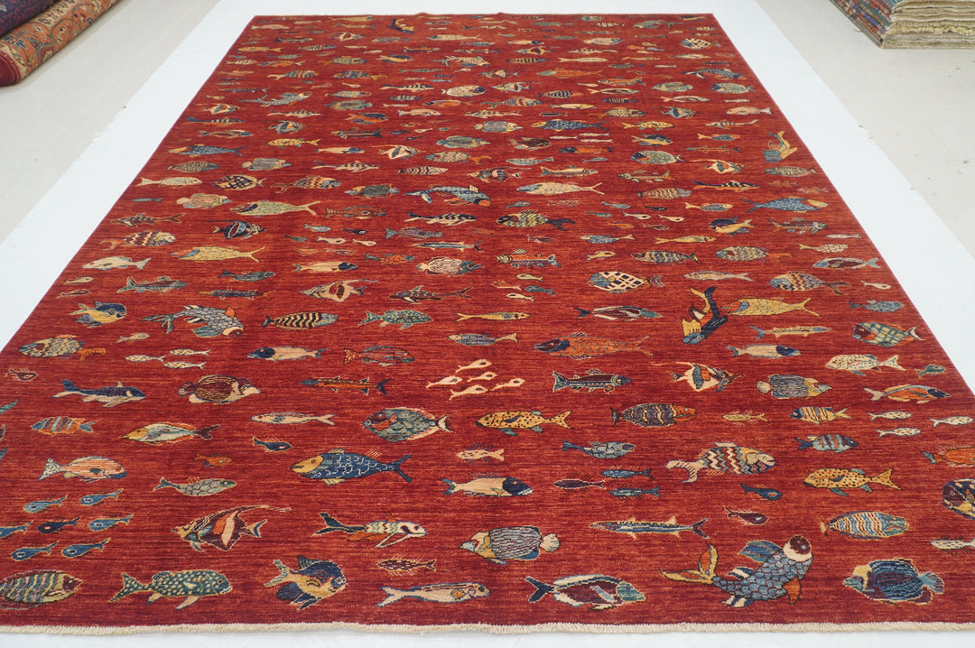 9 x 11 Red Fish Gabbeh Afghan Hand knotted Rug - Yildiz Rugs