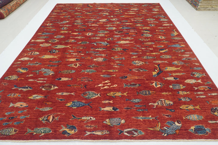 9 x 11 Red Fish Gabbeh Afghan Hand knotted Rug - Yildiz Rugs