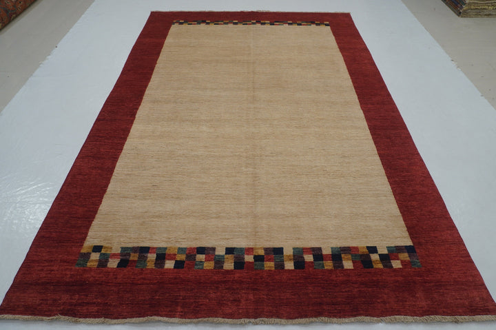 6x9 Beige Red Abstract Gabbeh Afghan Hand knotted Modern Abstract Rug - Yildiz Rugs