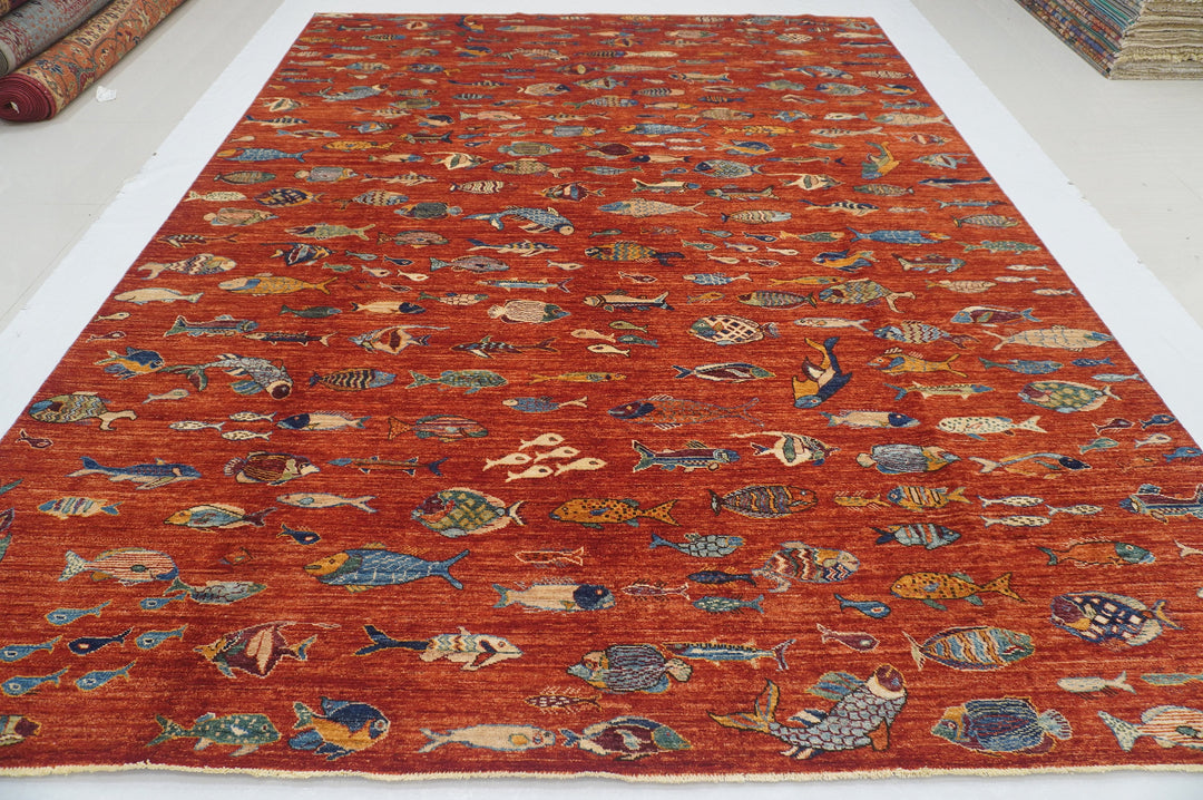 9x12 Red Fish Gabbeh Afghan Hand knotted Rug - Yildiz Rugs