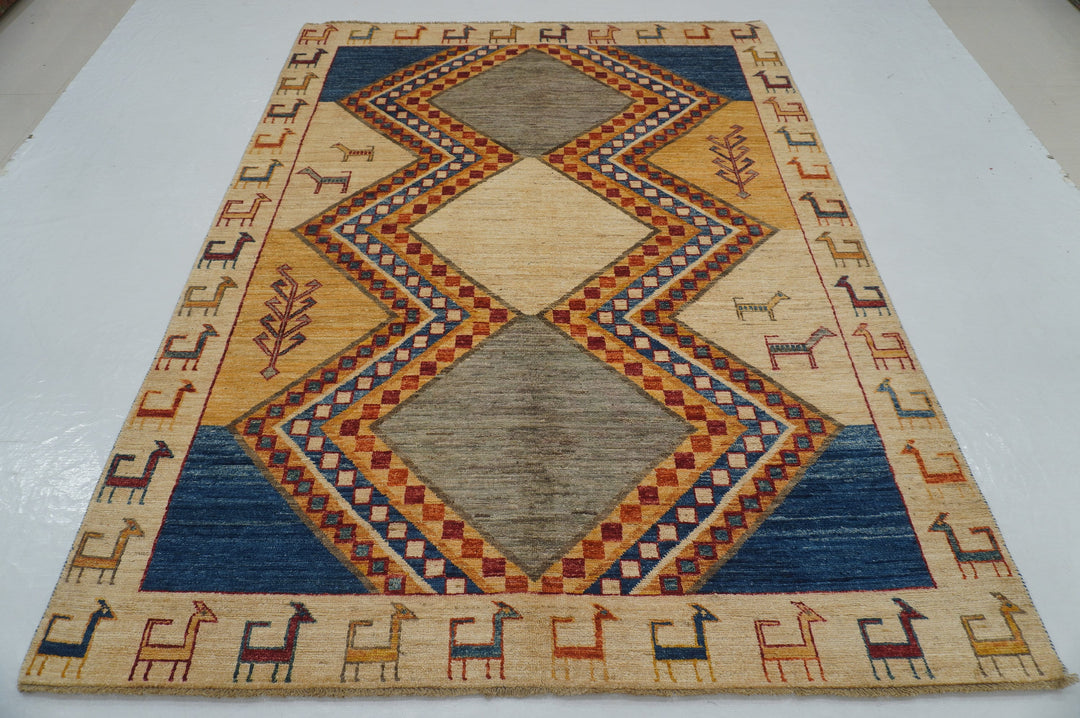 6x8 Beige Tribal Gabbeh Afghan Handmade Rug - Yildiz Rugs