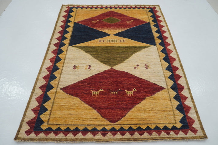 5x7 Tribal Gabbeh Beige Gold Afghan Hand knotted Rug - Yildiz Rugs