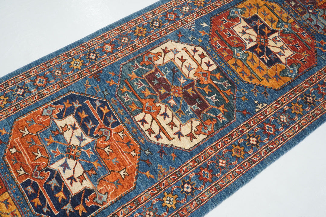 8 ft Blue Ersari Turkmen Afghan Hand knotted Oriental Runner Rug - Yildiz Rugs