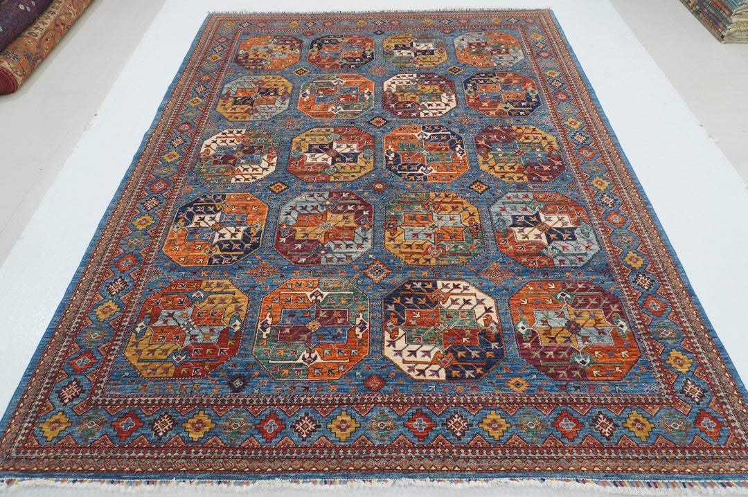 8x10 Blue Ersari Afghan hand knotted Geometric Oriental Rug - Yildiz Rugs