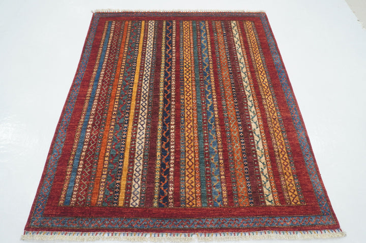 5x6 Red Turkish Shawl Pattern Striped Rug - Yildiz Rugs