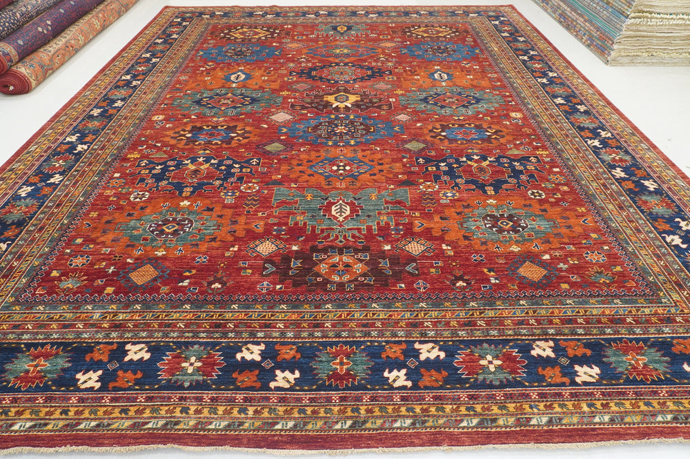 12x15 Baluch Red Navy Blue Afghan Hand knotted Oriental Rug - Yildiz Rugs