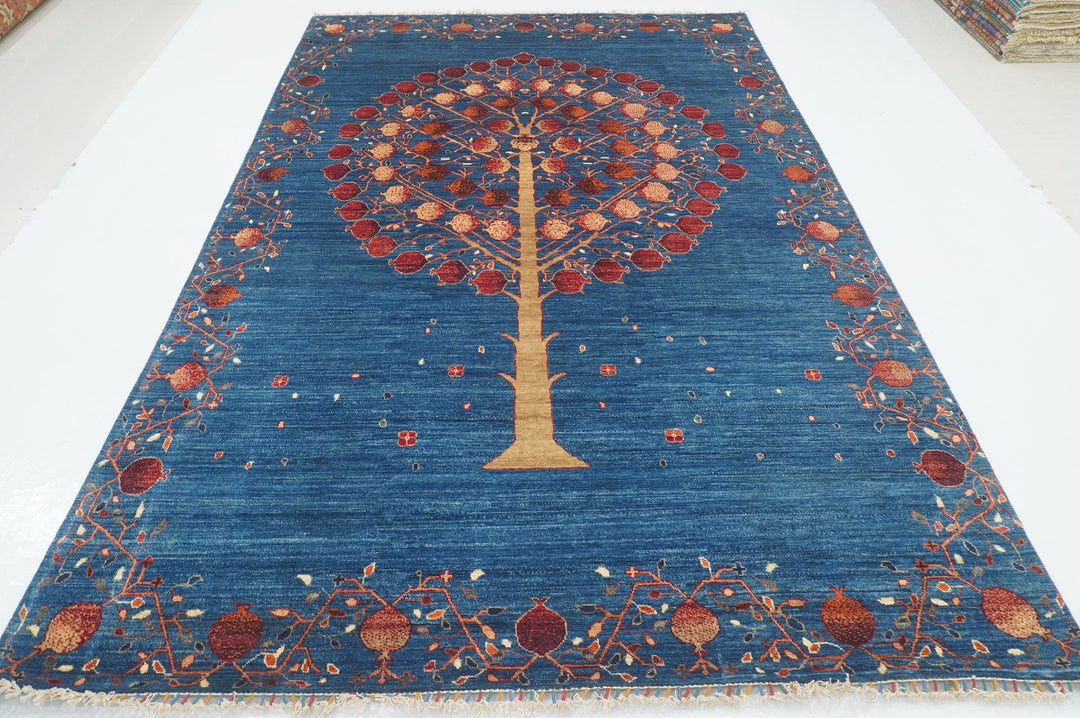 7x10 Navy Blue Gabbeh Tribal Pomegranate Tree Of life Hand knotted Rug - Yildiz Rugs