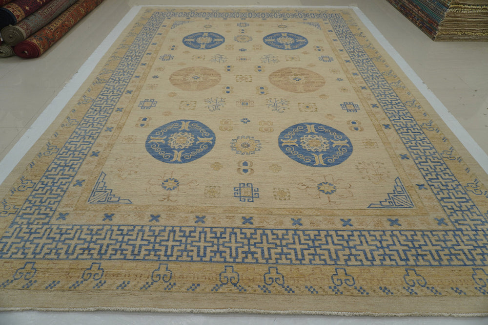 10x14 Beige Blue Khotan Vintage Afghan Hand knotted Oriental Rug - Yildiz Rugs