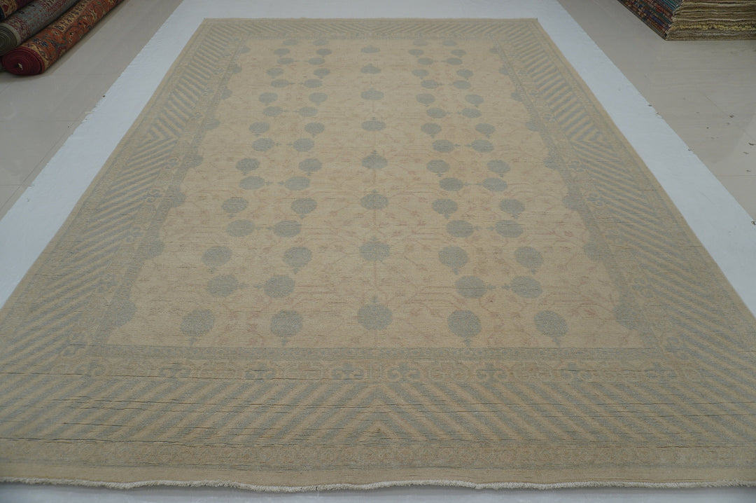 9x12 Beige Vintage Khotan Afghan Hand knotted geometric Rug - Yildiz Rugs