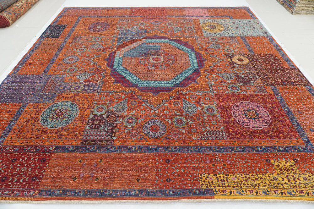 10x10 Rusty Orange Mamluk Turkish Hand knotted Medallion Square Rug - Yildiz Rugs