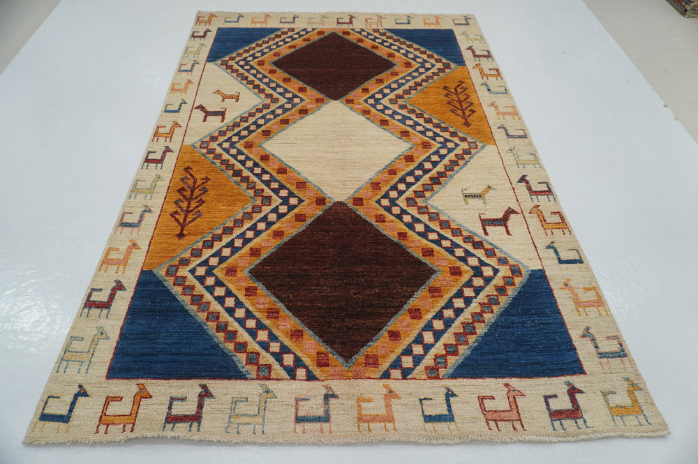 5x8 Beige Tribal Gabbeh Afghan Handmade Rug - Yildiz Rugs