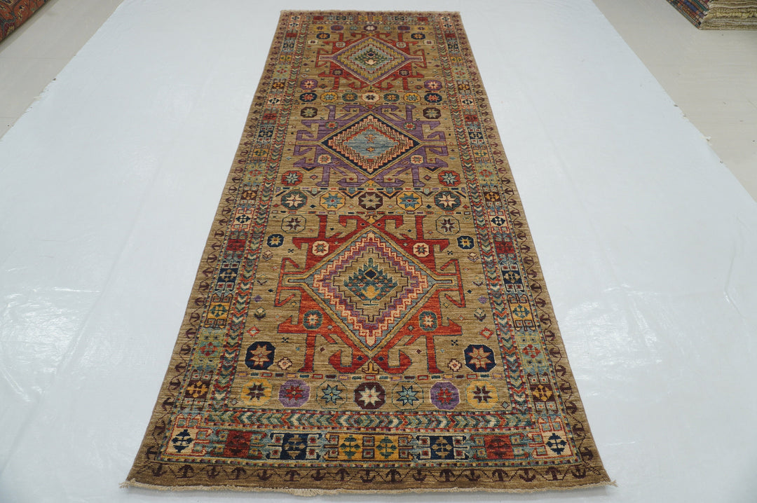 4x10 Taupe Gray Kazak Caucasian Afghan Hand knotted Wide Runner Rug - Yildiz Rugs