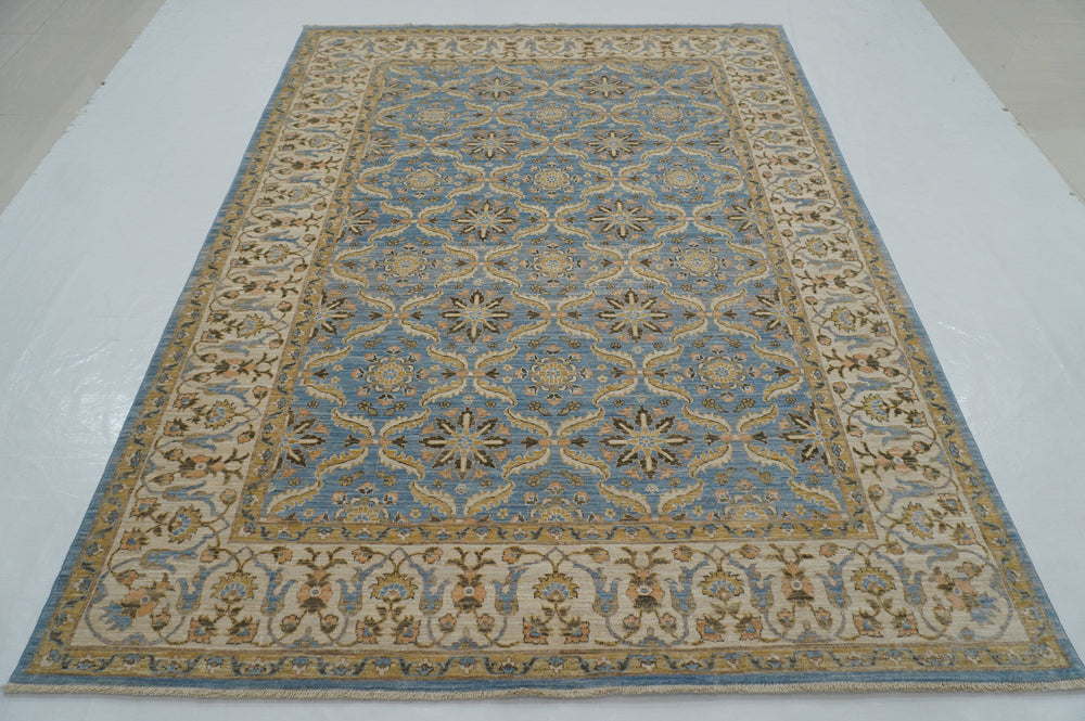 6x8 Blue Vintage Tabriz Afghan Hand Knotted Oriental Rug - Yildiz Rugs