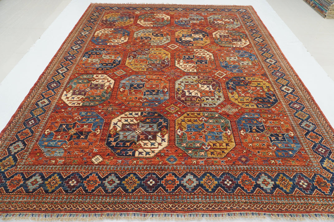 8x10 Red Ersari Afghan hand knotted Geometric Oriental Rug - Yildiz Rugs