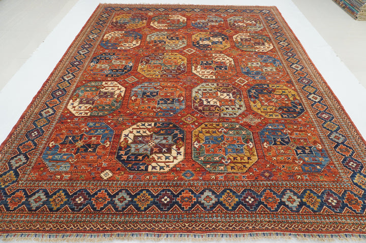 8x10 Red Ersari Afghan hand knotted Geometric Oriental Rug - Yildiz Rugs