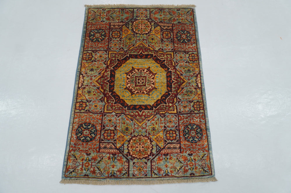 2' x 3' Blue Turkish Mamluk Hand knotted Medallion Accent Rug - Yildiz Rugs