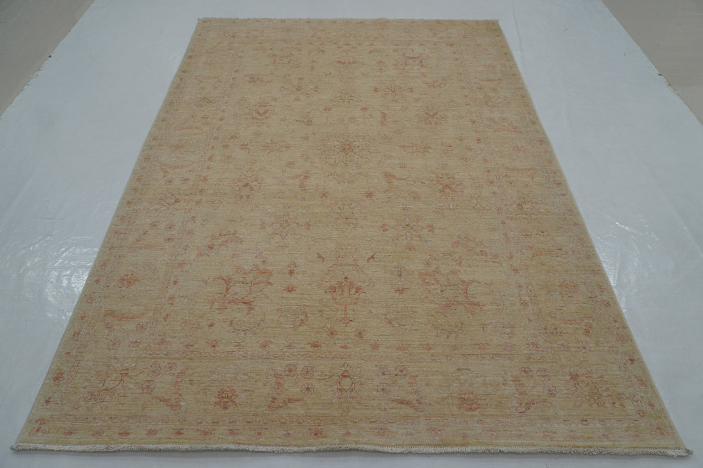 6x8 Beige Vintage Turkish Hand knotted Chobi Oushak Rug - Yildiz Rugs